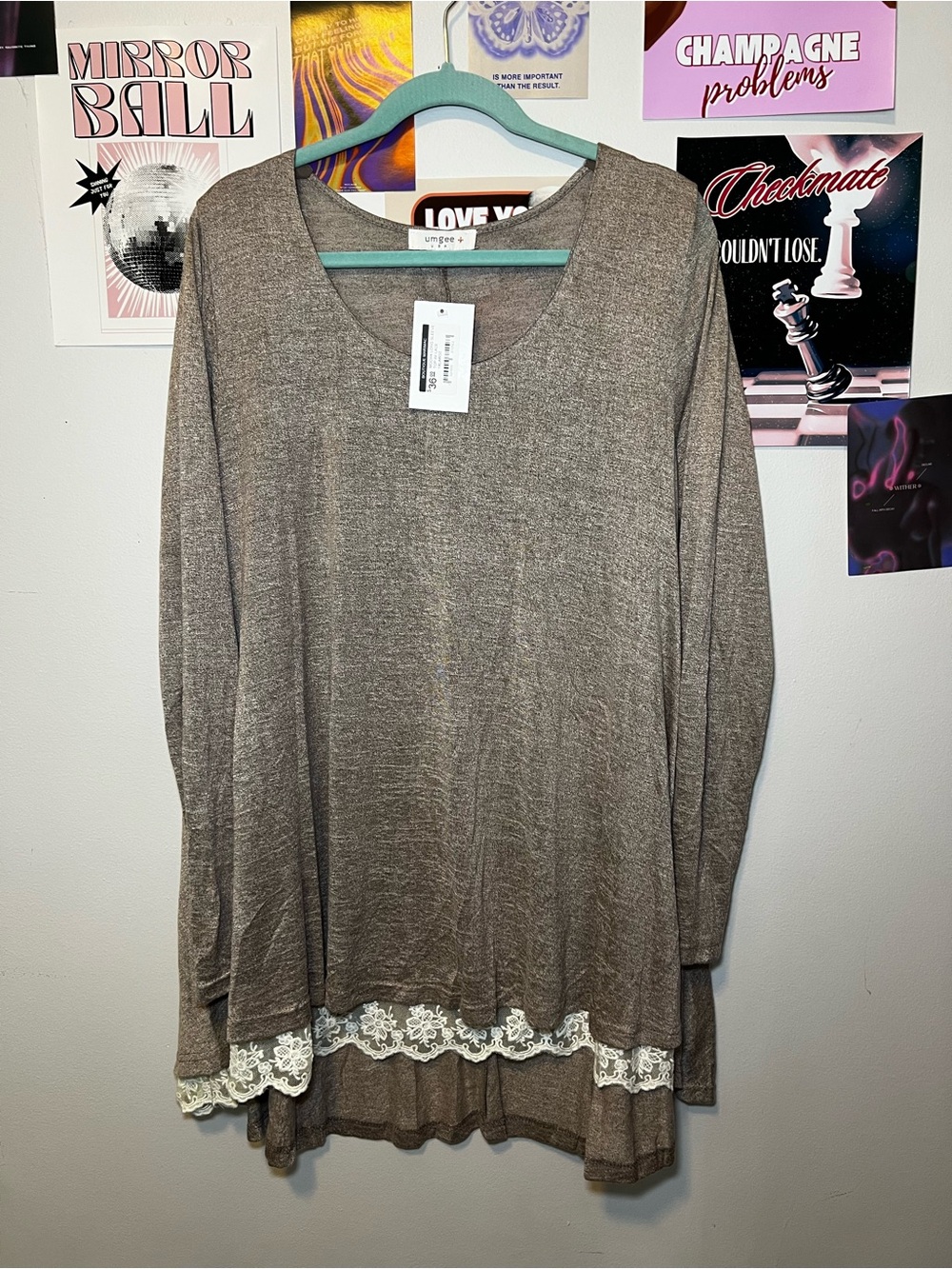 Umgee Taupe Tunic with Cream Lace Hem